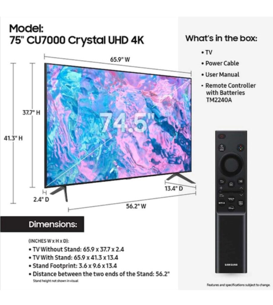 Samsung 75 Smart Crystal 4K UHD TV UN75CU7000 Dimensions