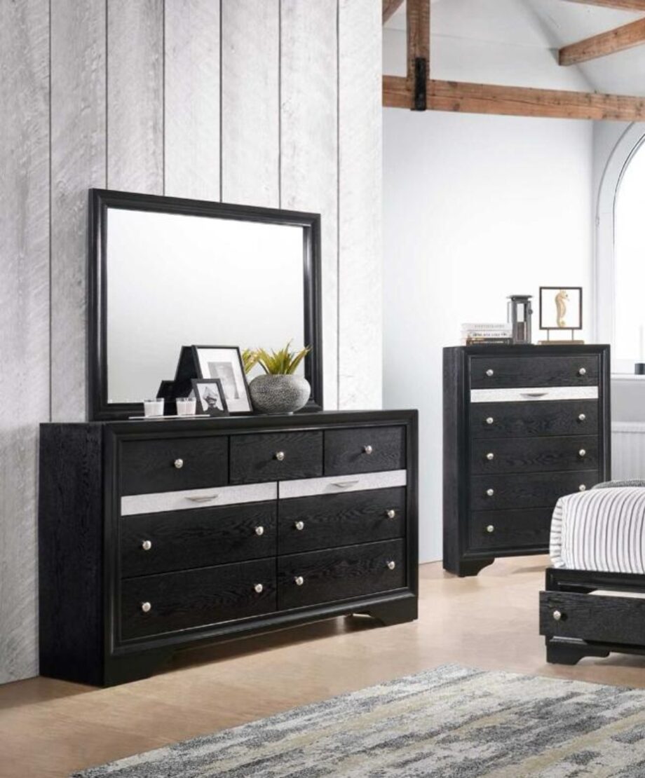 Oscar Bedroom Set in Queen and King (1 Dresser 1 Mirror for Dresser 1 Chest of Drawers 2 Night Stands and Bedframe in Black) (Left Side)