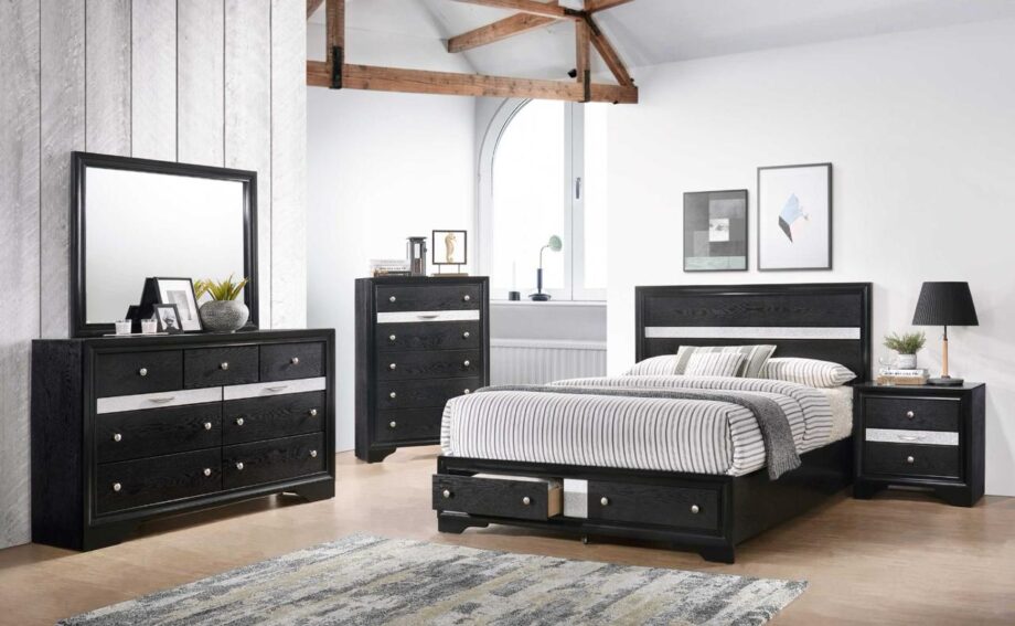 Oscar Bedroom Set in Queen and King (1 Dresser 1 Mirror for Dresser 1 Chest of Drawers 2 Night Stands and Bedframe in Black) (Main)