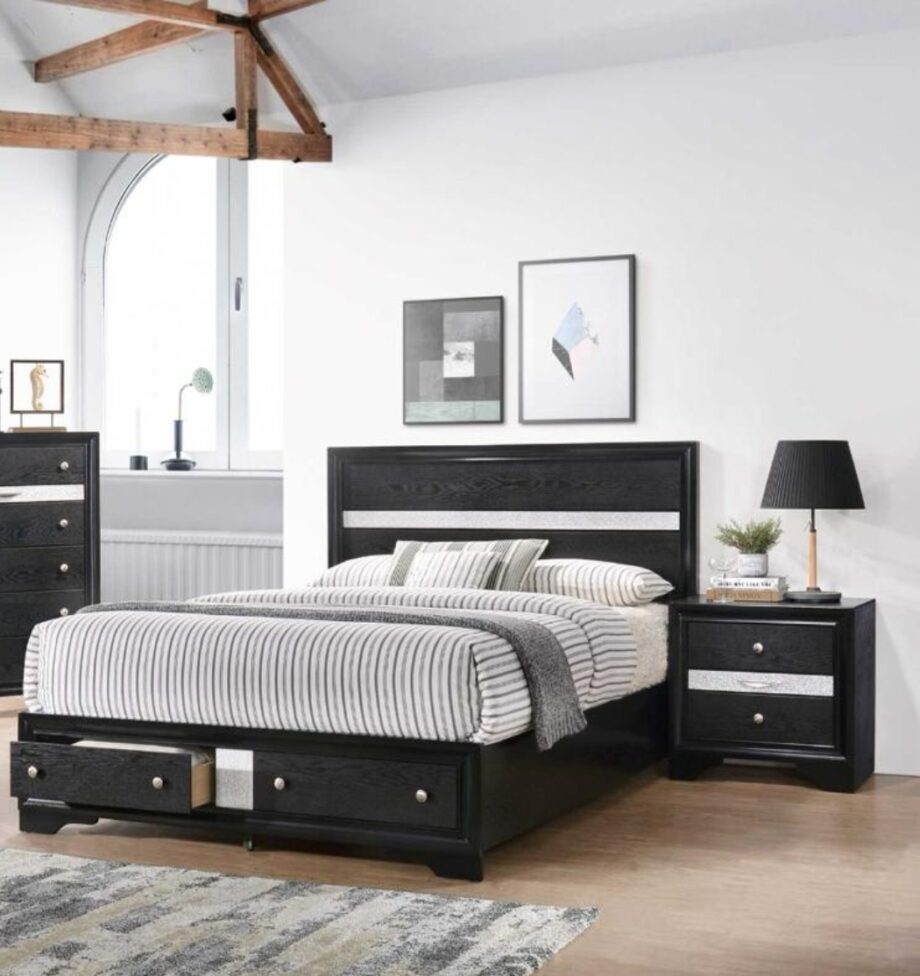 Oscar Bedroom Set in Queen and King (1 Dresser 1 Mirror for Dresser 1 Chest of Drawers 2 Night Stands and Bedframe in Black) (Right Side)